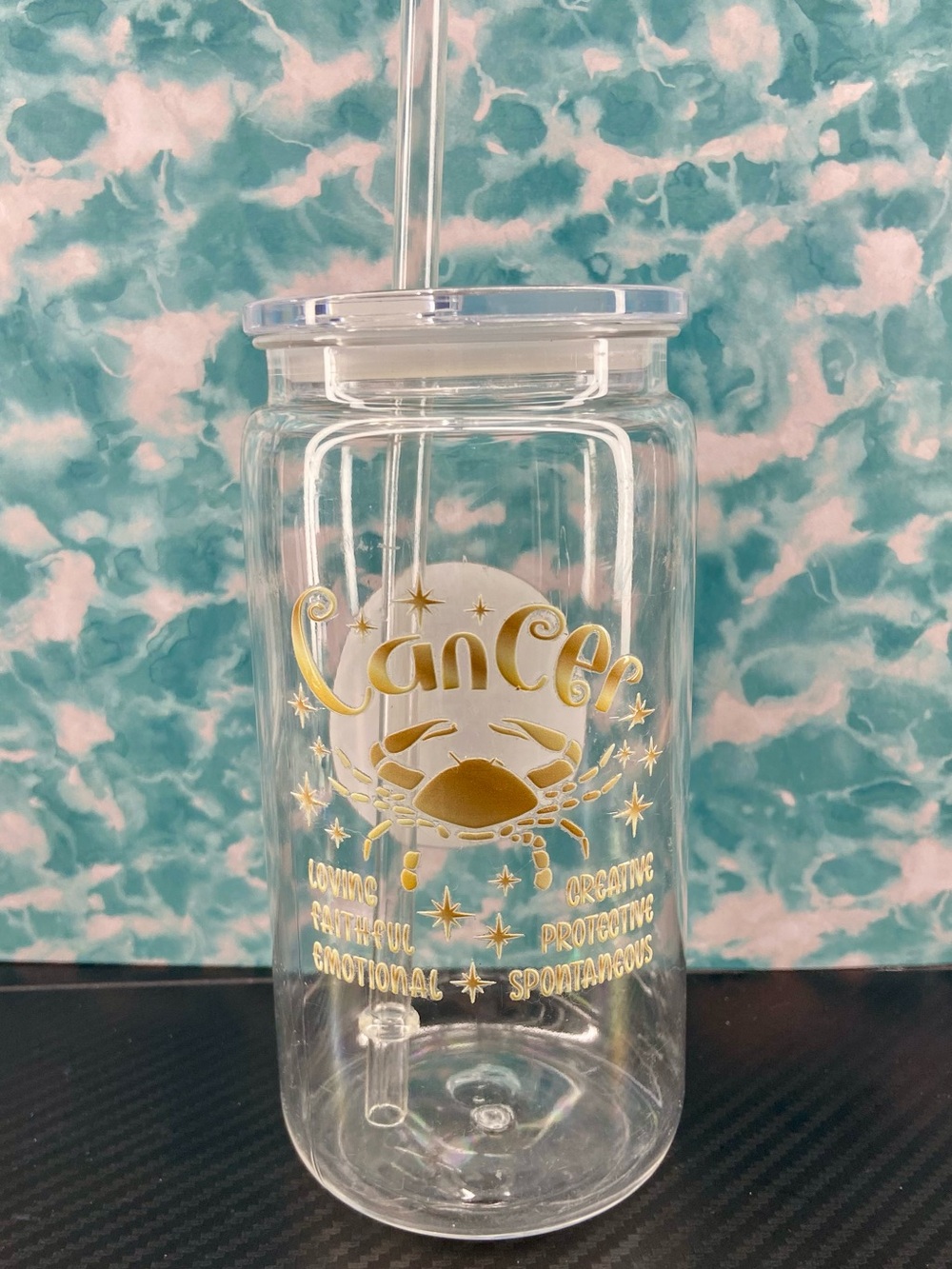 Clear Tumbler with Gold Cancer Zodiac Design and Straw